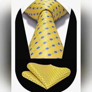 Men’s Yellow Silk Tie & Pocket Square Set Blue Floral Polka Dot Classic Formal